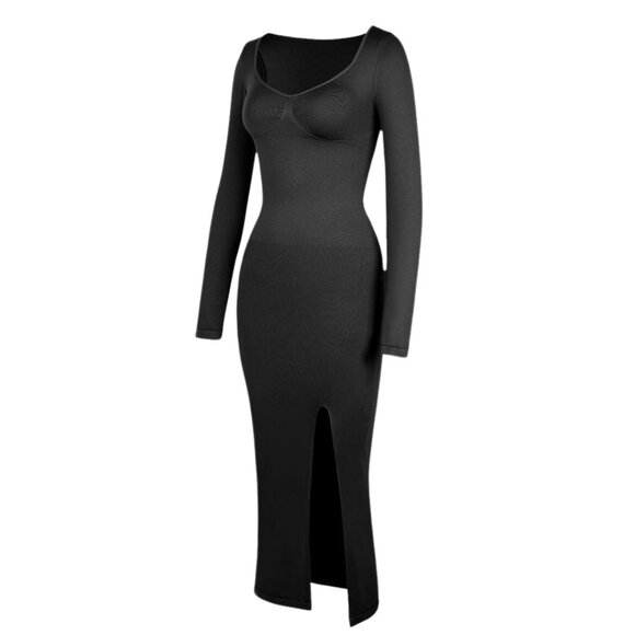 Long Sleeve Built-In Shapewear Midi Dress With High Slit - Picture 7 of 11